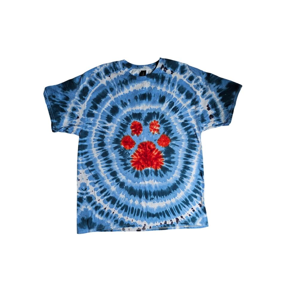 NWOT Gildan Red White Blue Tie Dye Paw Print Short Sleeve T-Shirt Unisex Large